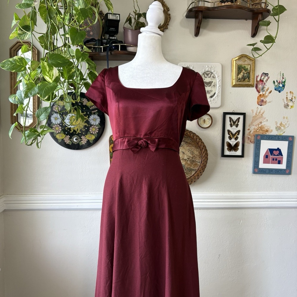 Vtg 90s‎ A-Line Empire Waist Burgundy Floral Formal Maxi Dress Romantic Sz 12